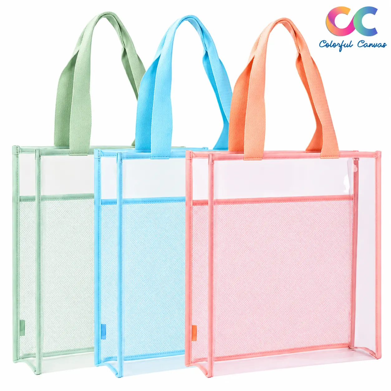 Pastel Mesh Tote Trio with Colorful Canvas Logo